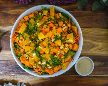 Kumara, carrot, orange, mint, cashew, and baby spinach with wholegrain mustard vinaigrette (gf, vegan)